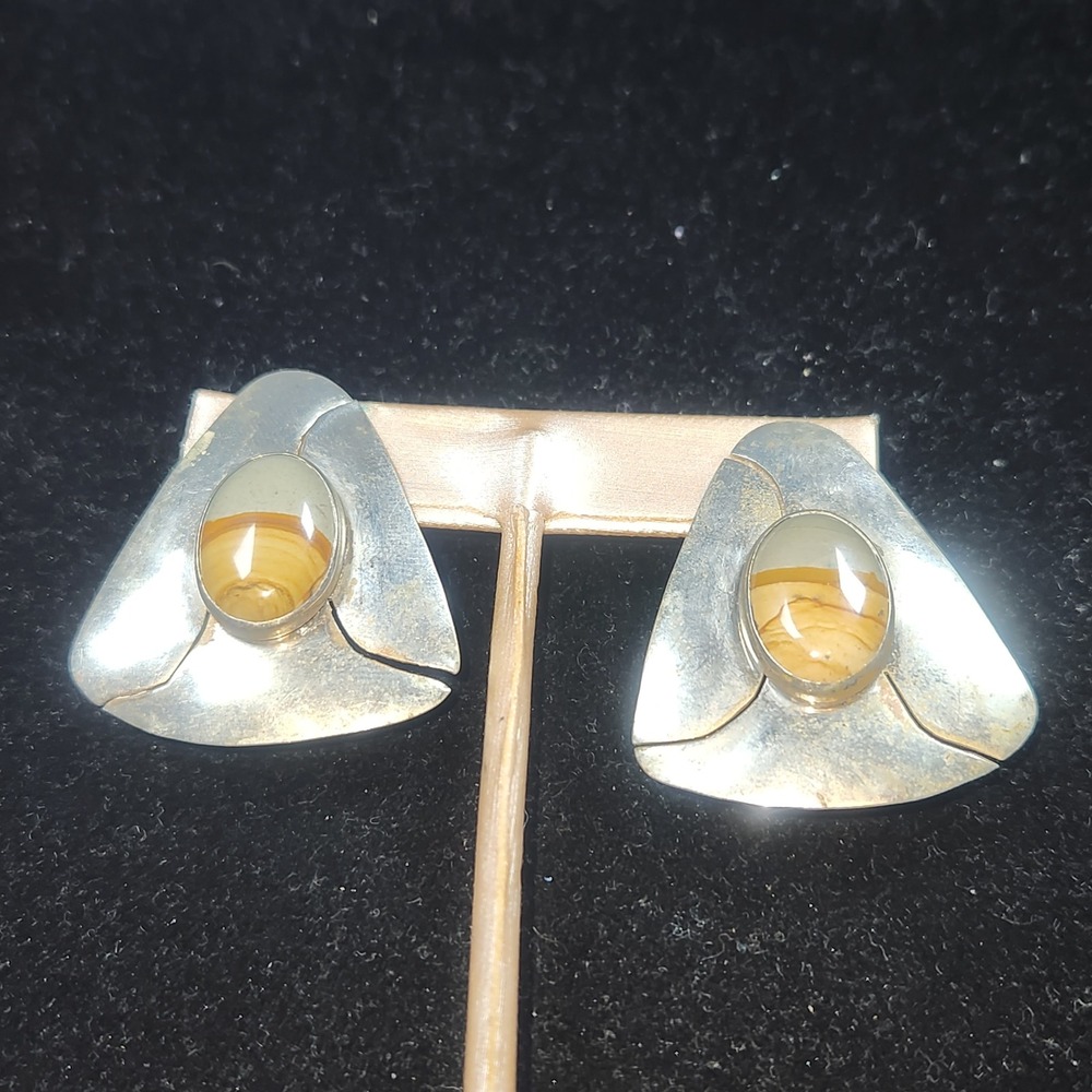 Vintage Picture Jasper Silver Tone Geometric Shield pierce Earrings Modernist‎